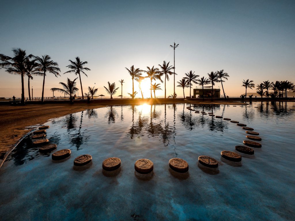 a picture of stepping stones with palm trees as a backdrop with the sun setting.